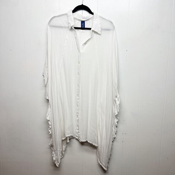 Swimsuits For All Button Front Womens White Bikini Cover Up Sz 22/24 Ruffle Trim - Picture 1 of 16